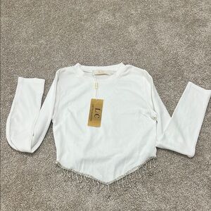 White Long Sleeve Top with Beaded Hem